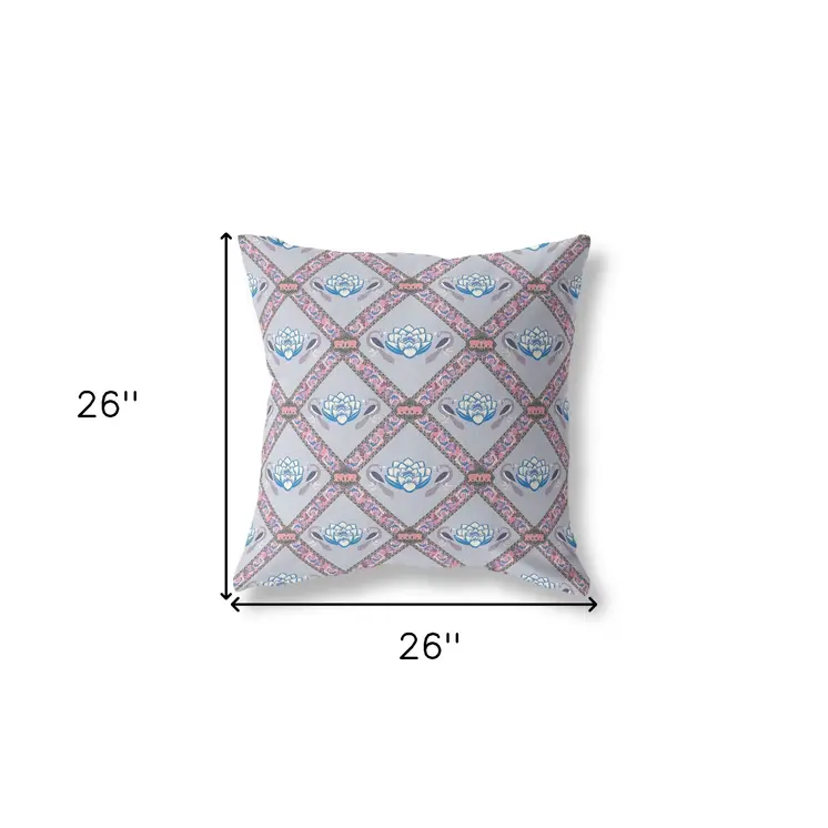26" X 26" Gray And Pink Zippered Geometric Indoor Outdoor Throw Pillow