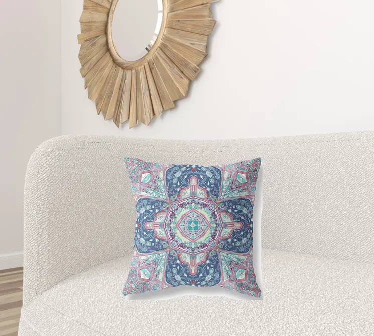 20"X20" Blue And Pink Microsuede Geometric Zippered Pillow