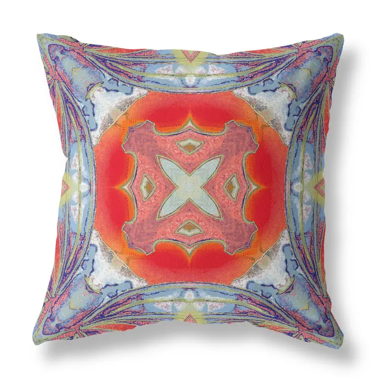 16" X 16" Blue and Orange Geometric Indoor Outdoor Throw Pillow