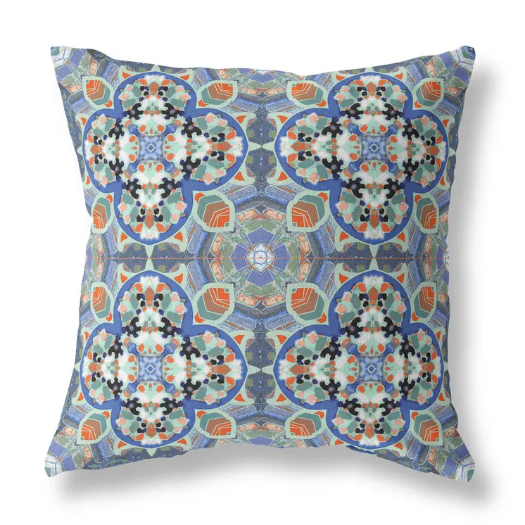 18"X18" Blue And Orange Microsuede Quatrefoil Zippered Pillow