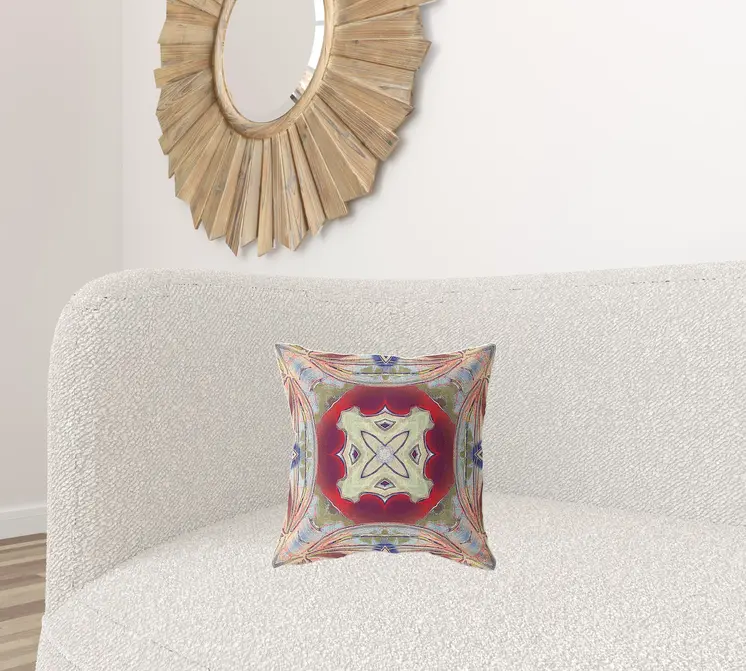 16" X 16" Grey And Red Blown Seam Geometric Indoor Outdoor Throw Pillow