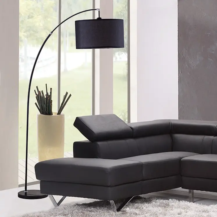 86" Black Metal Arc Floor Lamp With Black Fabric Drum Shade