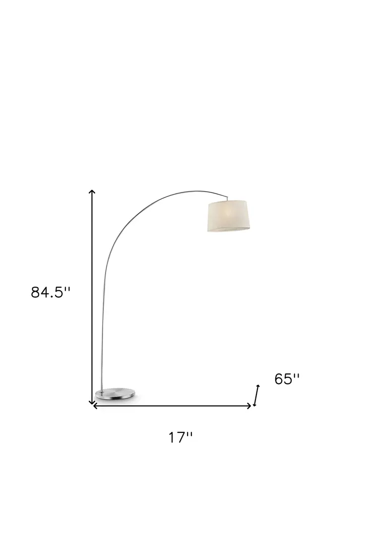 85" Silver Adjustable Arched Floor Lamp With White Fabric Drum Shade