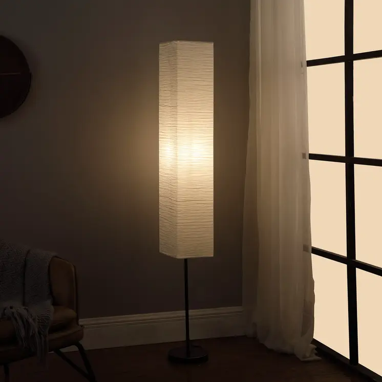 63" Black And Off White Column Floor Lamp With Off White Paper Rectangular Shade