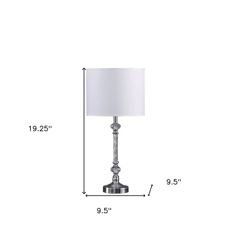 19" Silver Metal and Faux Crystal Table Lamp With White Drum Shade