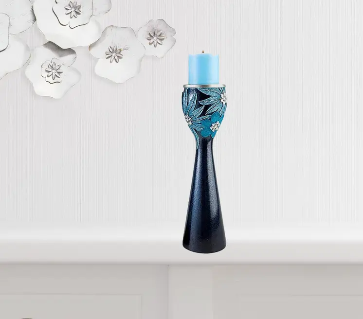 Set Of Two Navy and Aqua Floral Bling Candle Holders with Candles