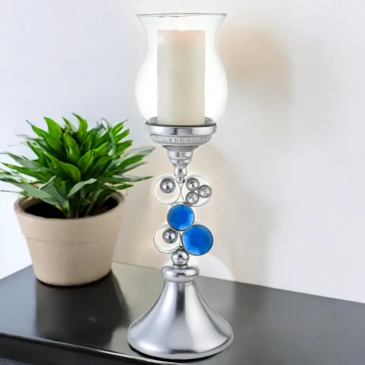 21" Silver and Blue Faux Crystal Bling Hurricane Candle Holder