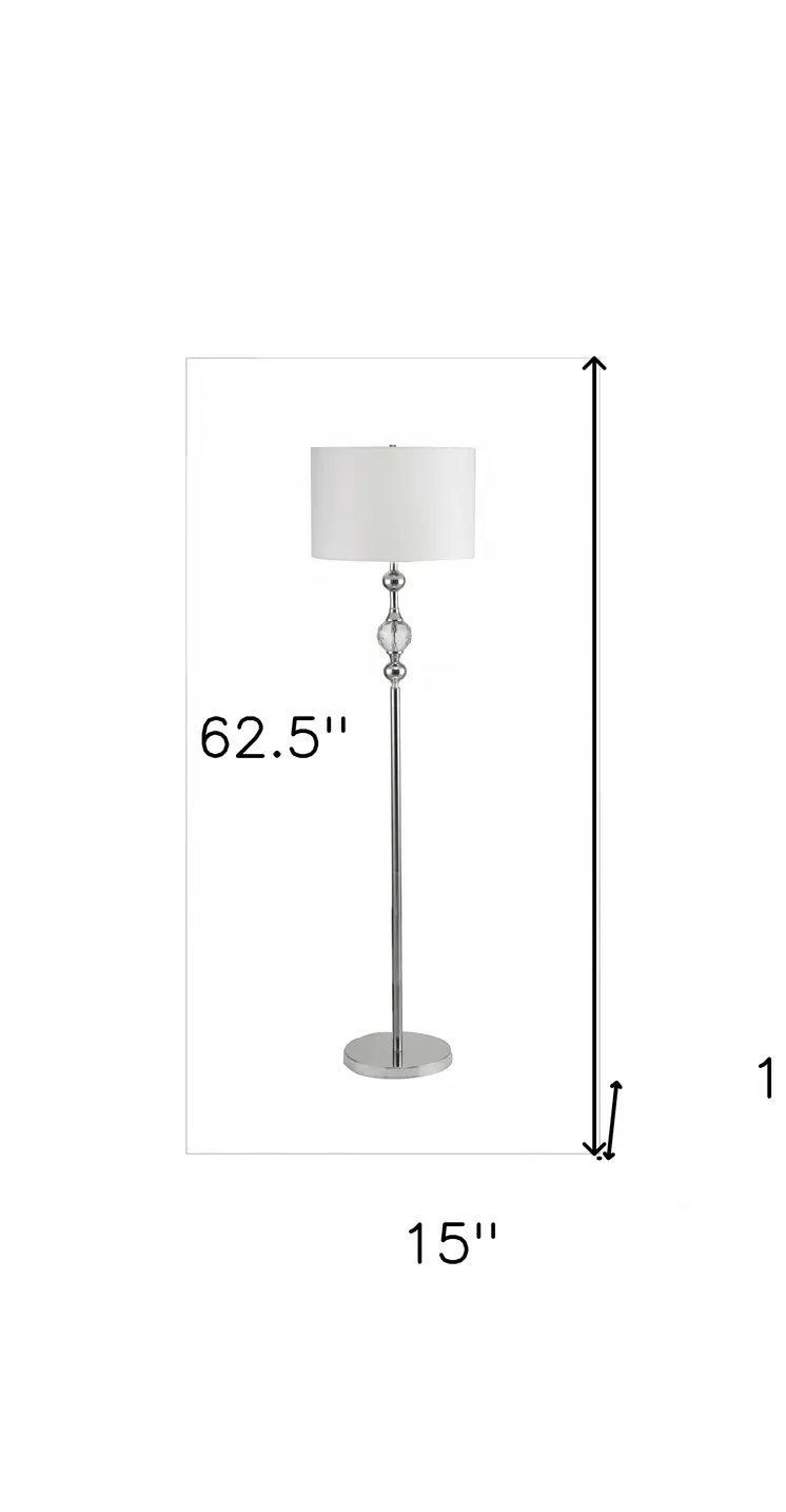 63" Chrome and Crystal Orb Shaped Floor Lamp With White Drum Shade