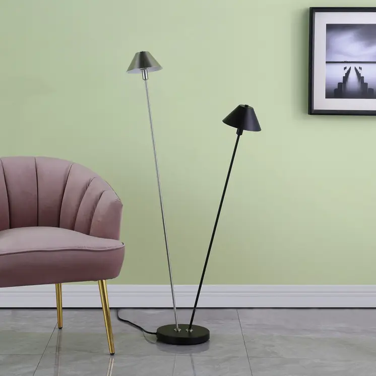 48" Black And Silver Two Light LED Novelty Floor Lamp With Black And Silver Metal Empire Shade
