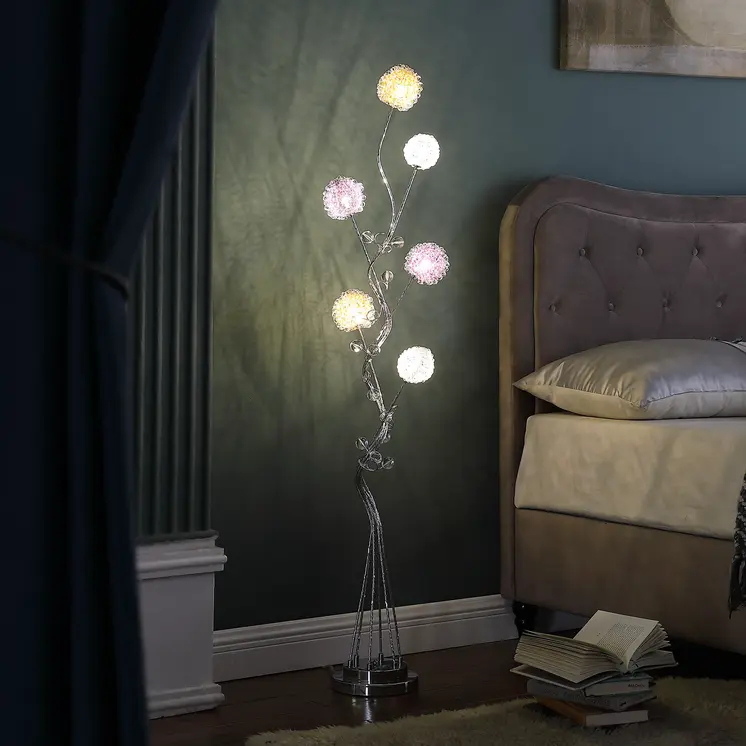 59" Silver Six Light LED Novelty Floor Lamp With Purple And White Metal Novelty Shade