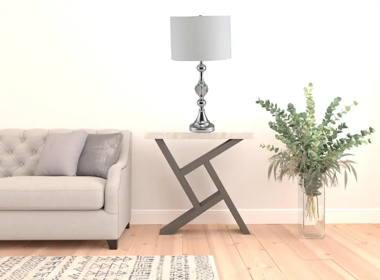 30" Silver Metal Bedside Table Lamp With White Classic Drum Shade