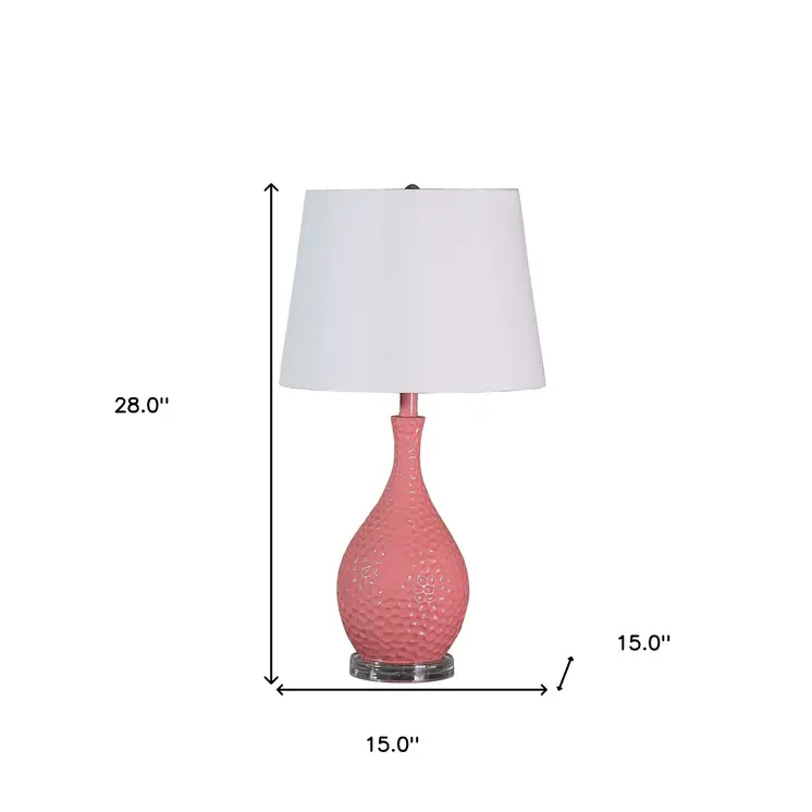 28" Pink Hammered Urn Table Lamp With White Tapered Drum Shade