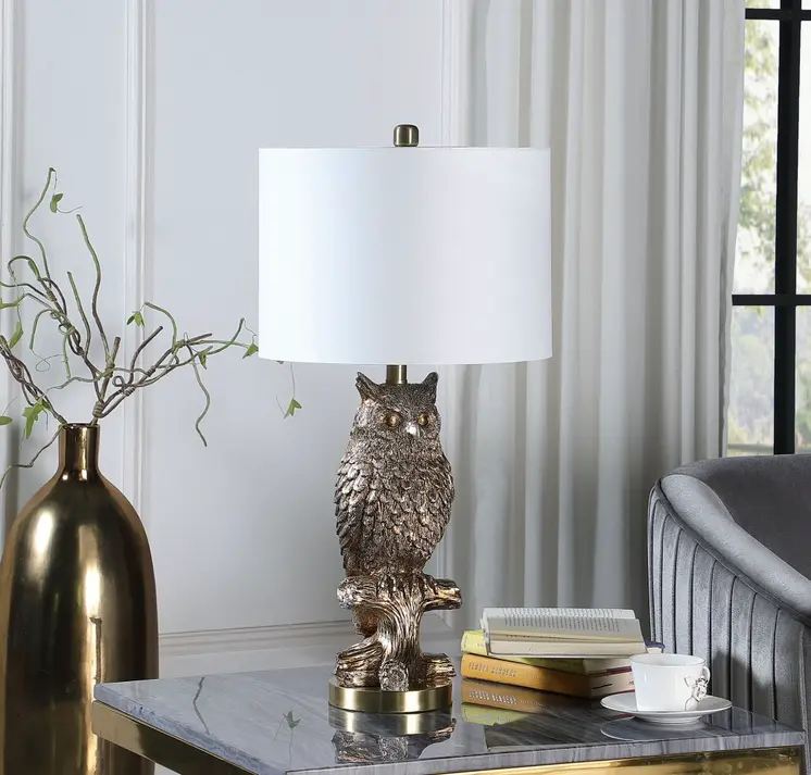 28”  Antiqued Silver Resin Owl Table or Desk Lamp