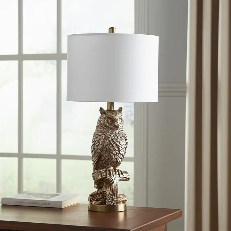 28”  Antiqued Silver Resin Owl Table or Desk Lamp