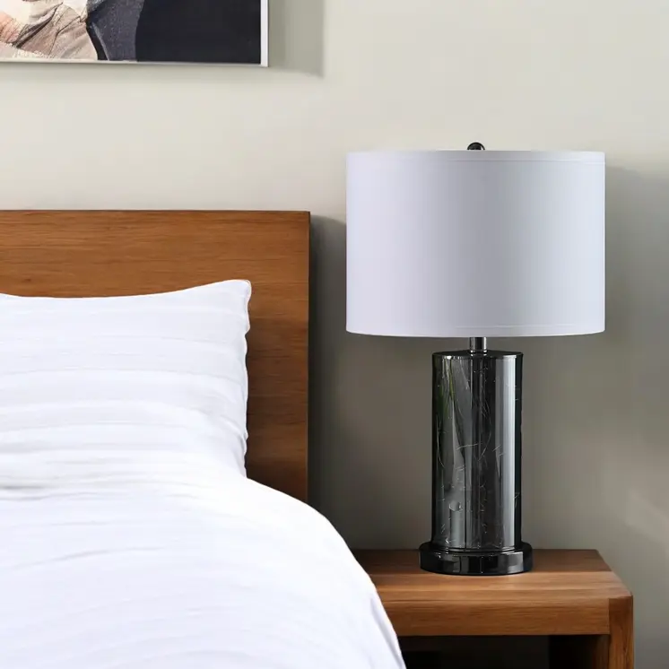 21" Glass LED Cylinder Table Lamp with Nightlight and White Drum Shade