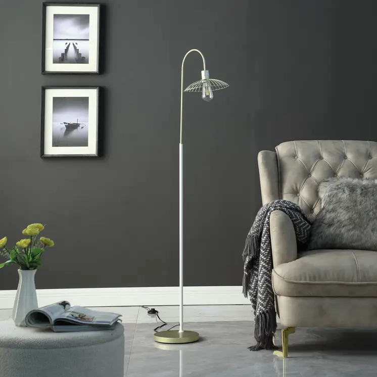 64" Gold And White Arched Floor Lamp With Gold Metal Cage Shade