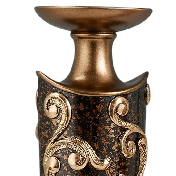 Set of Two Brown and Gold Polyresin Floral Centerpiece Pillar Candle Holders With Candle