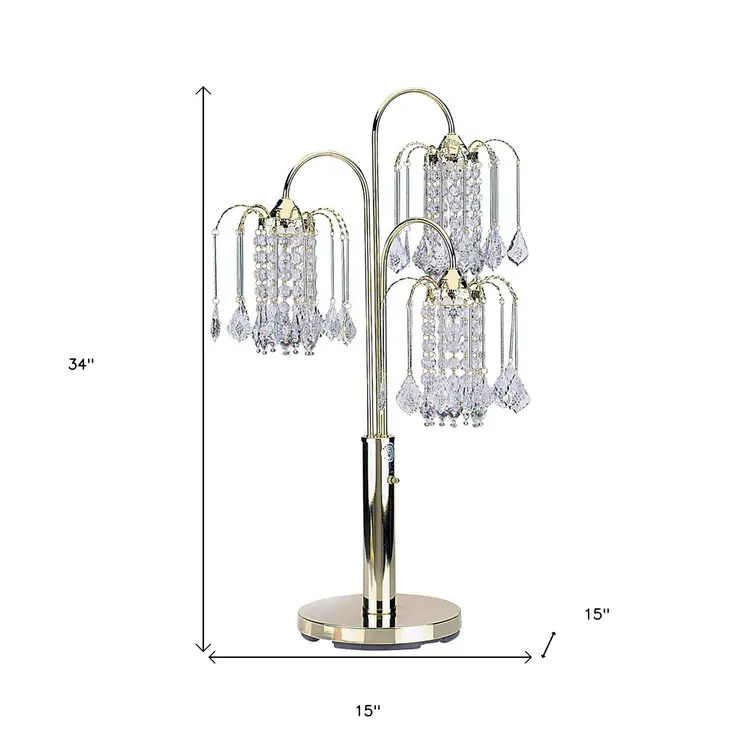 34" Gold and Faux Crystal Three Light Chandelier Table Lamp