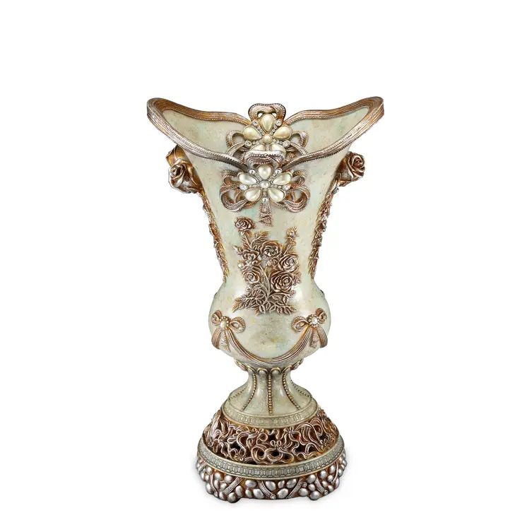 16" Green Bronze and Silver Floral Trumpet Polyresin Table Vase With Stones