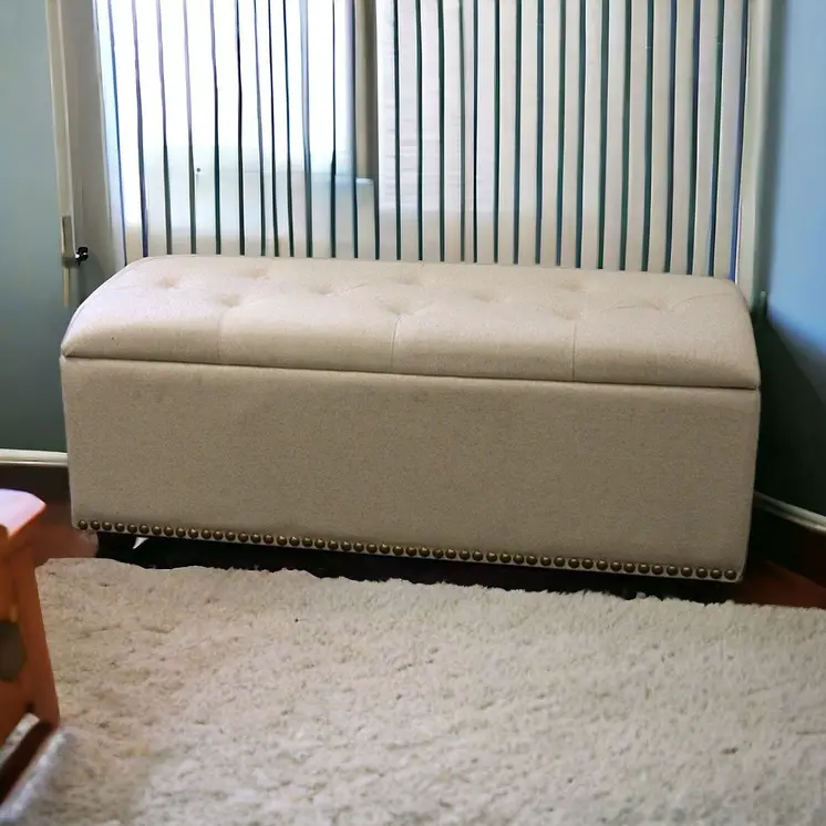17" Beige and Black Upholstered Microfiber Bench with Flip top