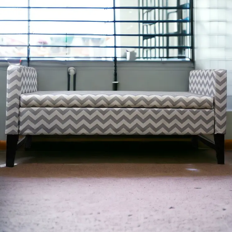 53" Gray and White and Black Upholstered Polyester Blend Geometric Bench with Flip top