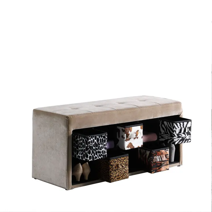 16" Black And Beige Upholstered 100% Polyester Entryway Bench With Shelves