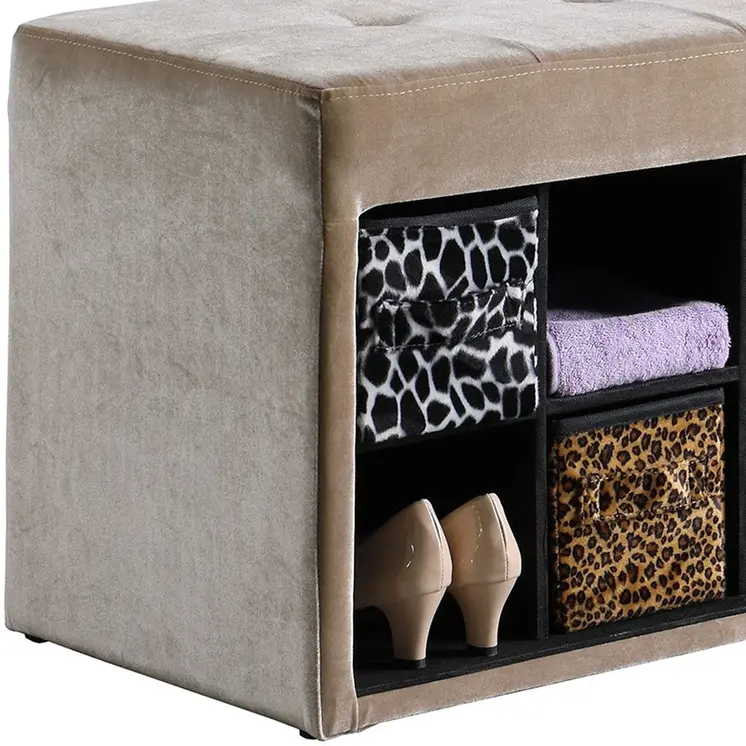 16" Black And Beige Upholstered 100% Polyester Entryway Bench With Shelves