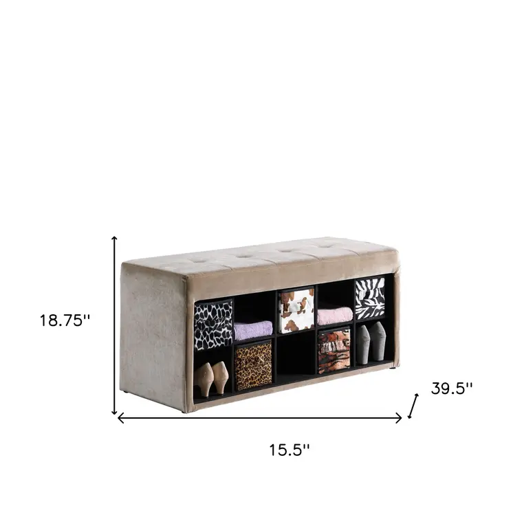16" Black And Beige Upholstered 100% Polyester Entryway Bench With Shelves