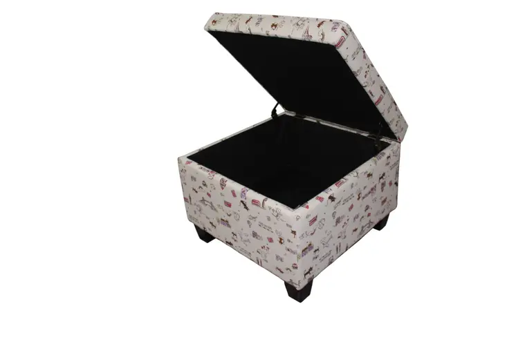 25" Tan Linen and Black Storage Ottoman