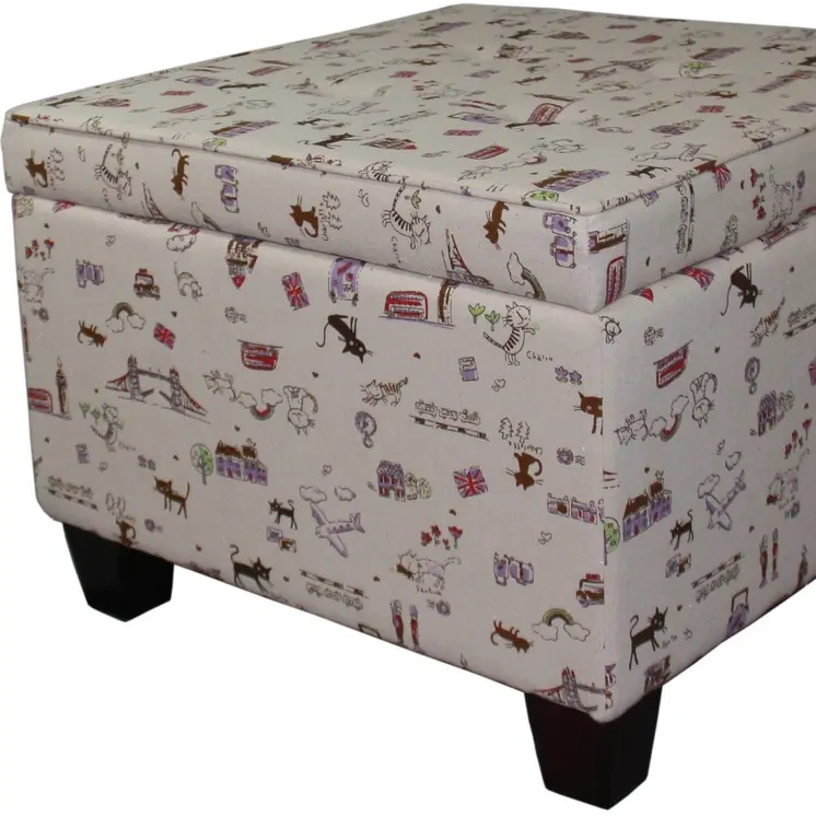 25" Tan Linen and Black Storage Ottoman