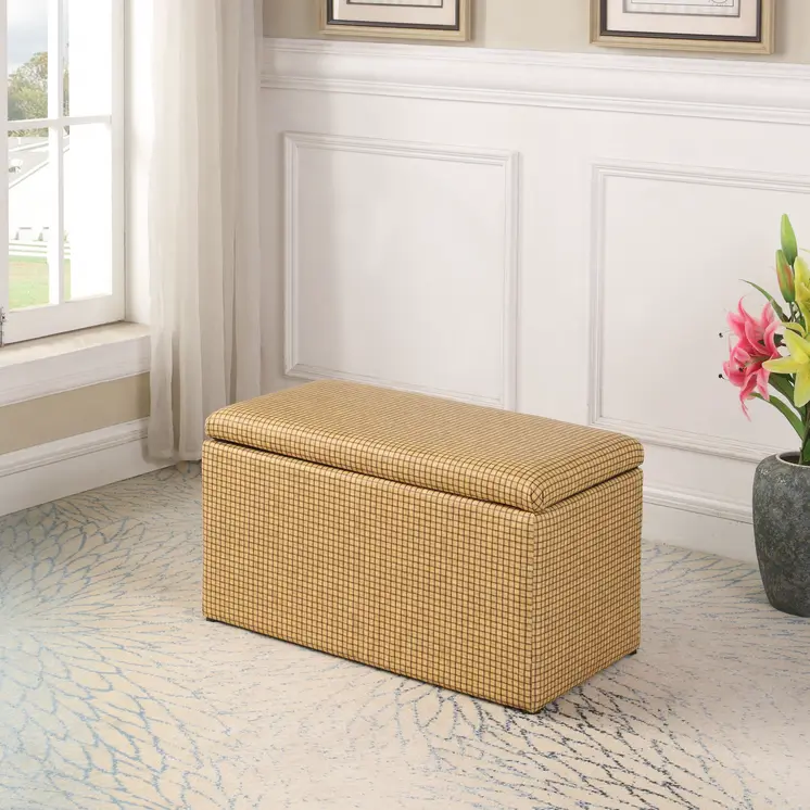 17" Yellow and Brown Upholstered Faux Leather Bench with Flip top