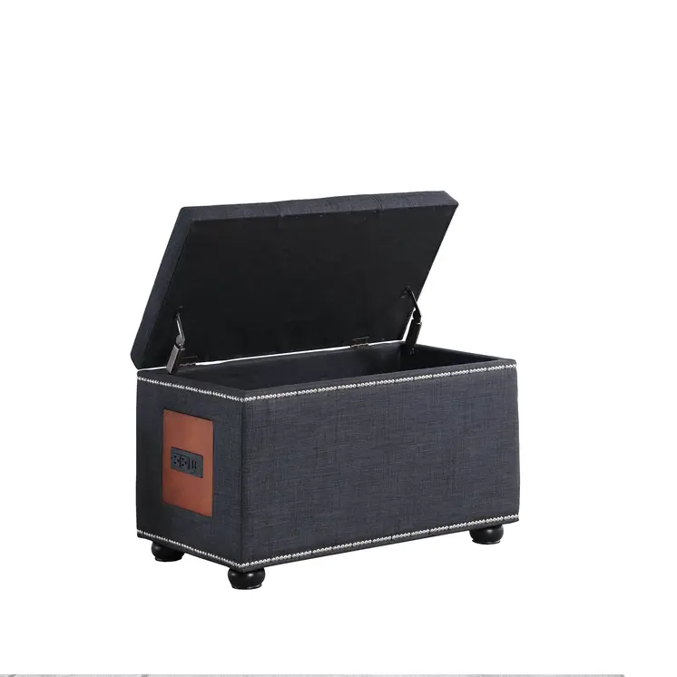 17" Slate Gray Linen And Black Tufted Storage