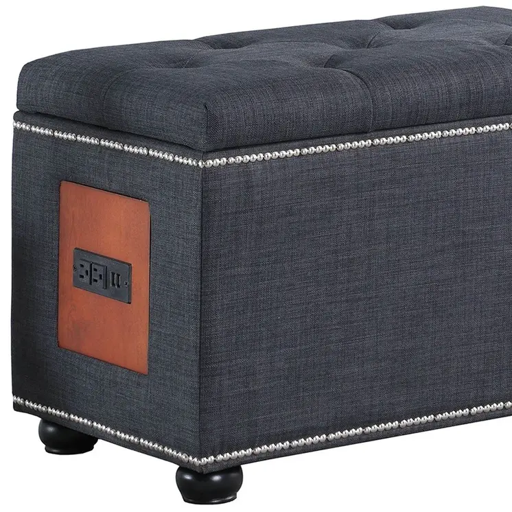 17" Slate Gray Linen And Black Tufted Storage