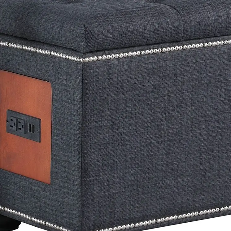 17" Slate Gray Linen And Black Tufted Storage