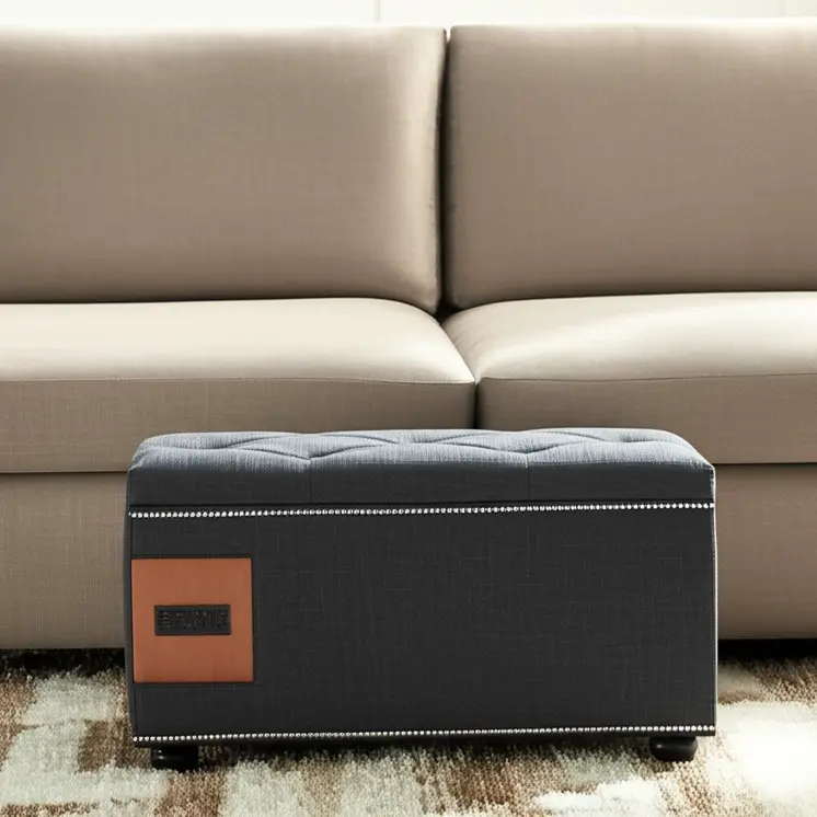 17" Slate Gray Linen And Black Tufted Storage