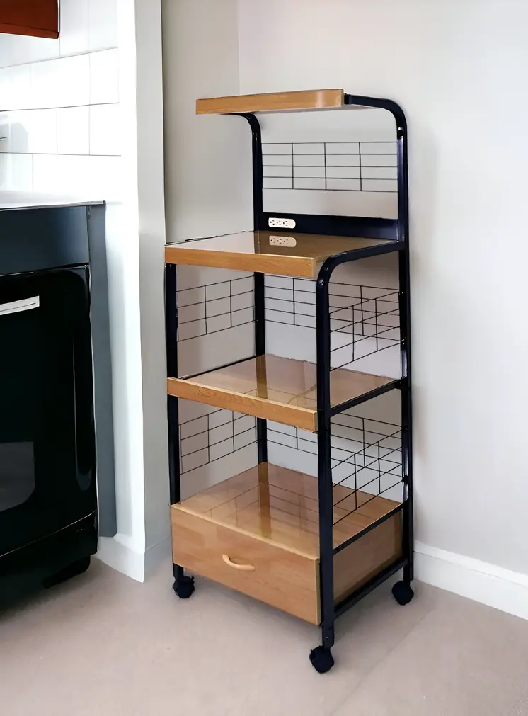 Black and Natural 26" Rolling Kitchen Cart With Storage
