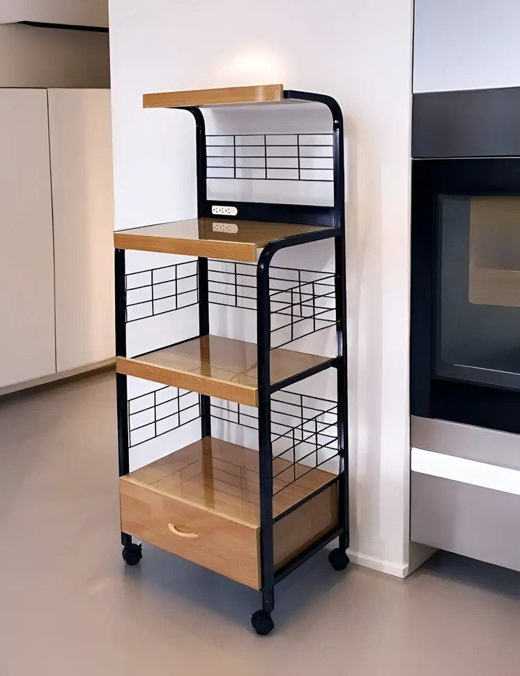 Black and Natural 26" Rolling Kitchen Cart With Storage