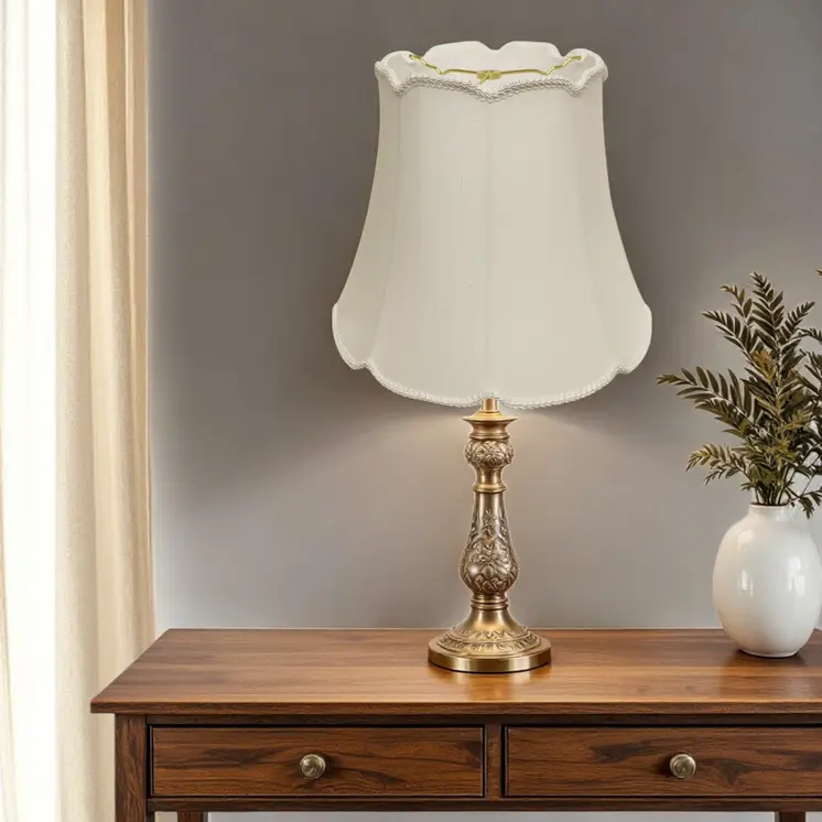 14" White Empire Slanted Cylinder Scroll Edge Silk Lampshade