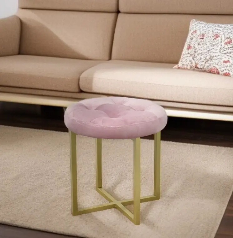 17" Pink Tufted Velvet and Gold Stool