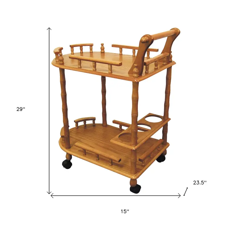 24" Oak Wood Rolling Bar Cart With Wine Storage