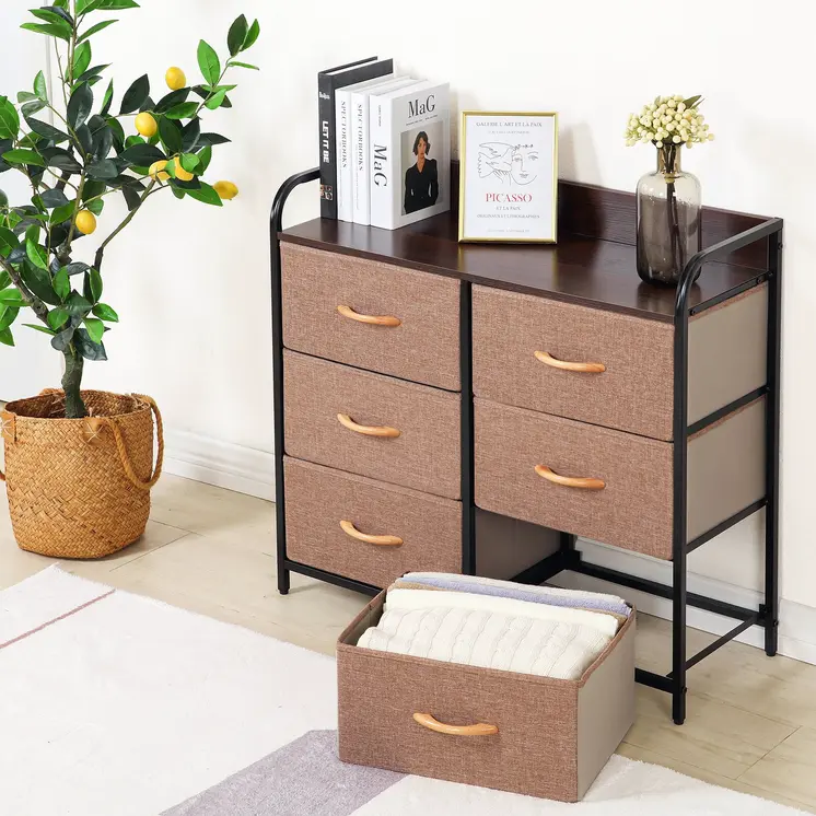 31" Brown Fabric and Metal Accent Chest With Two Shelves And Six Drawers