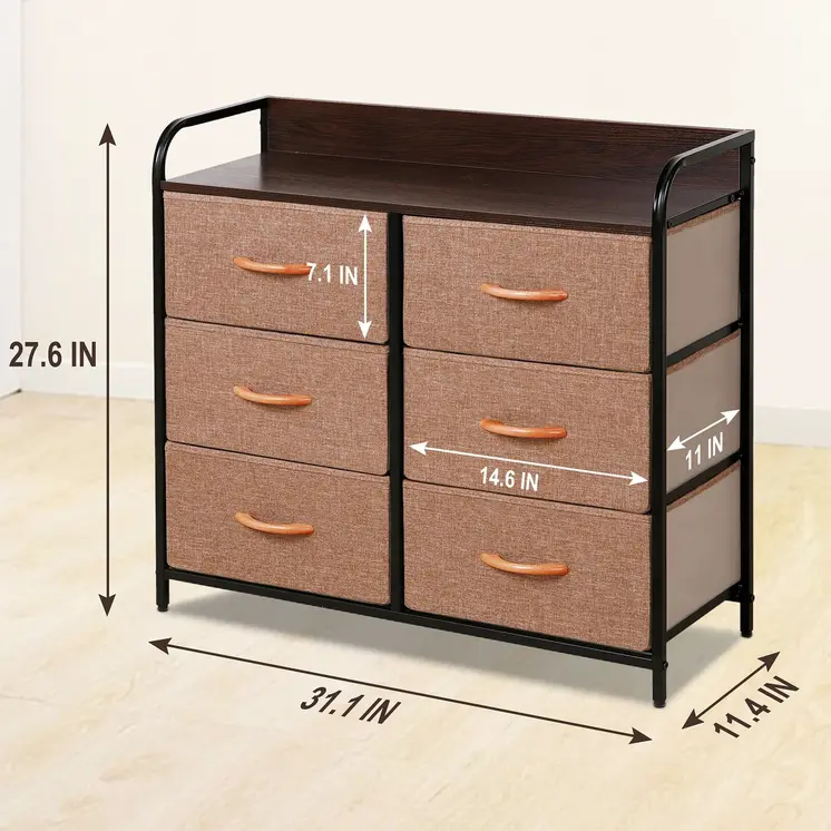 31" Brown Fabric and Metal Accent Chest With Two Shelves And Six Drawers