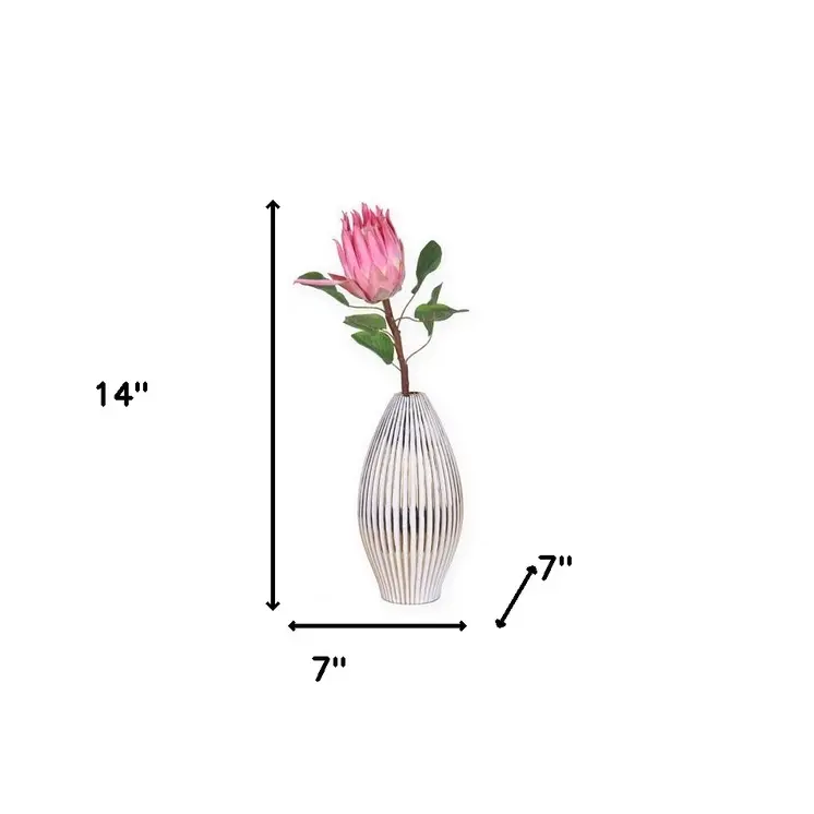 14" White and Gold Ceramic Striped Bud Vase
