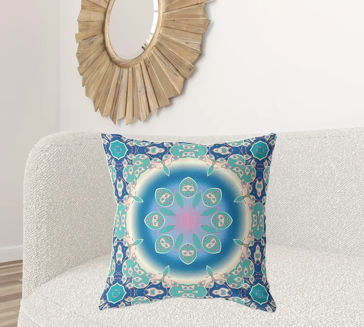 26" X 26" Blue And Turquoise Broadcloth Floral Throw Pillow