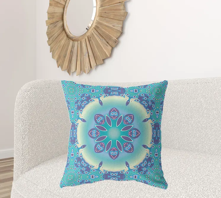 26" X 26" Blue And Purple Broadcloth Floral Throw Pillow