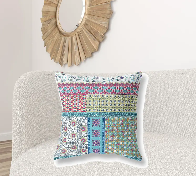 26" X 26" Yellow Zippered Patchwork Indoor Outdoor Throw Pillow Cover & Insert