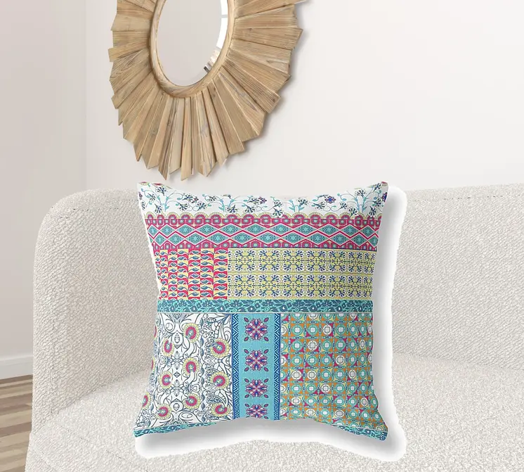 28" X 28" Yellow Zippered Patchwork Indoor Outdoor Throw Pillow Cover & Insert