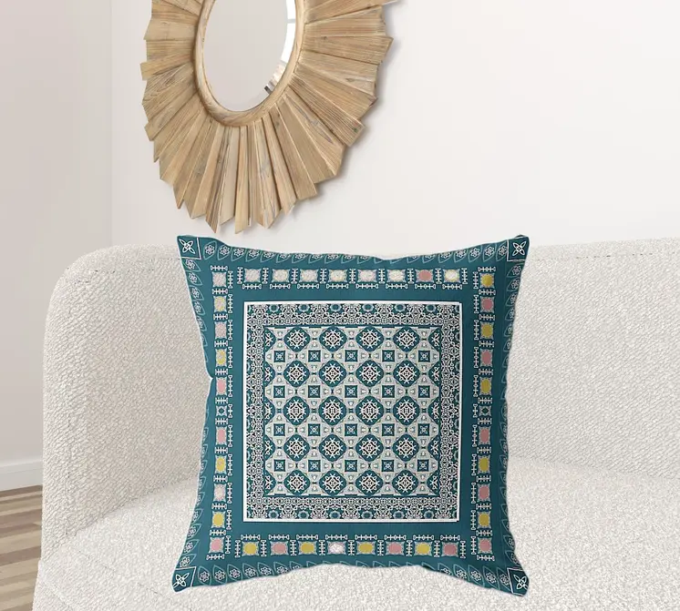 28" X 28" Blue And Beige Broadcloth Floral Throw Pillow