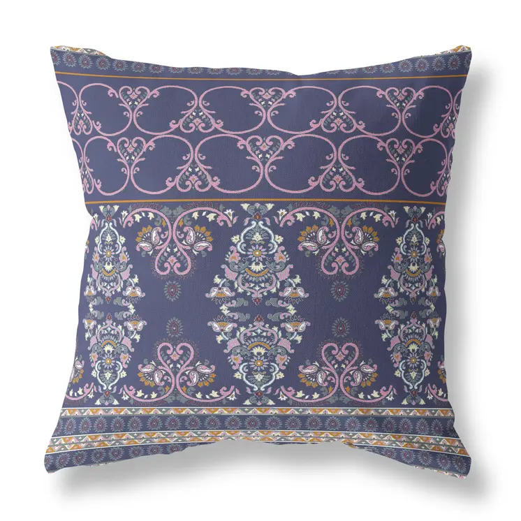 26" X 26" Blue And Pink Broadcloth Floral Throw Pillow