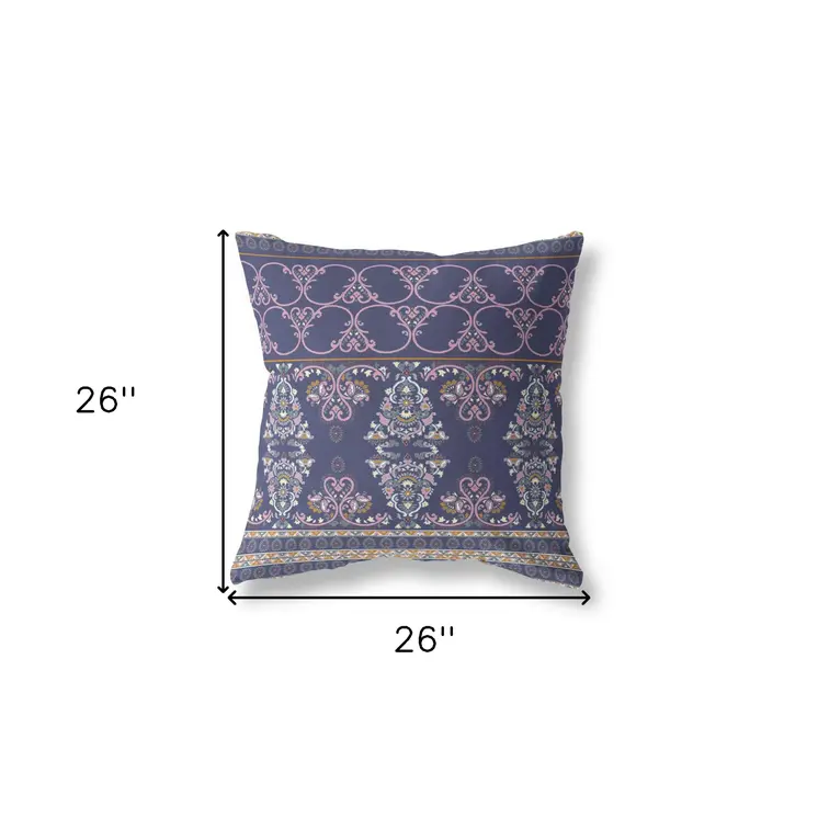 26" X 26" Blue And Pink Broadcloth Floral Throw Pillow